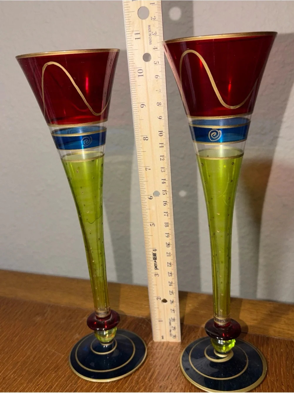 Champagne Flutes Pier 1 Romania Hand Painted Gold Decorated Glass Toasting Pair